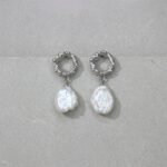 Earrings Textured Silver Hoop Baroque Pearl Drop Earrings