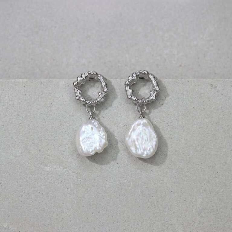 Earrings Textured Silver Hoop Baroque Pearl Drop Earrings