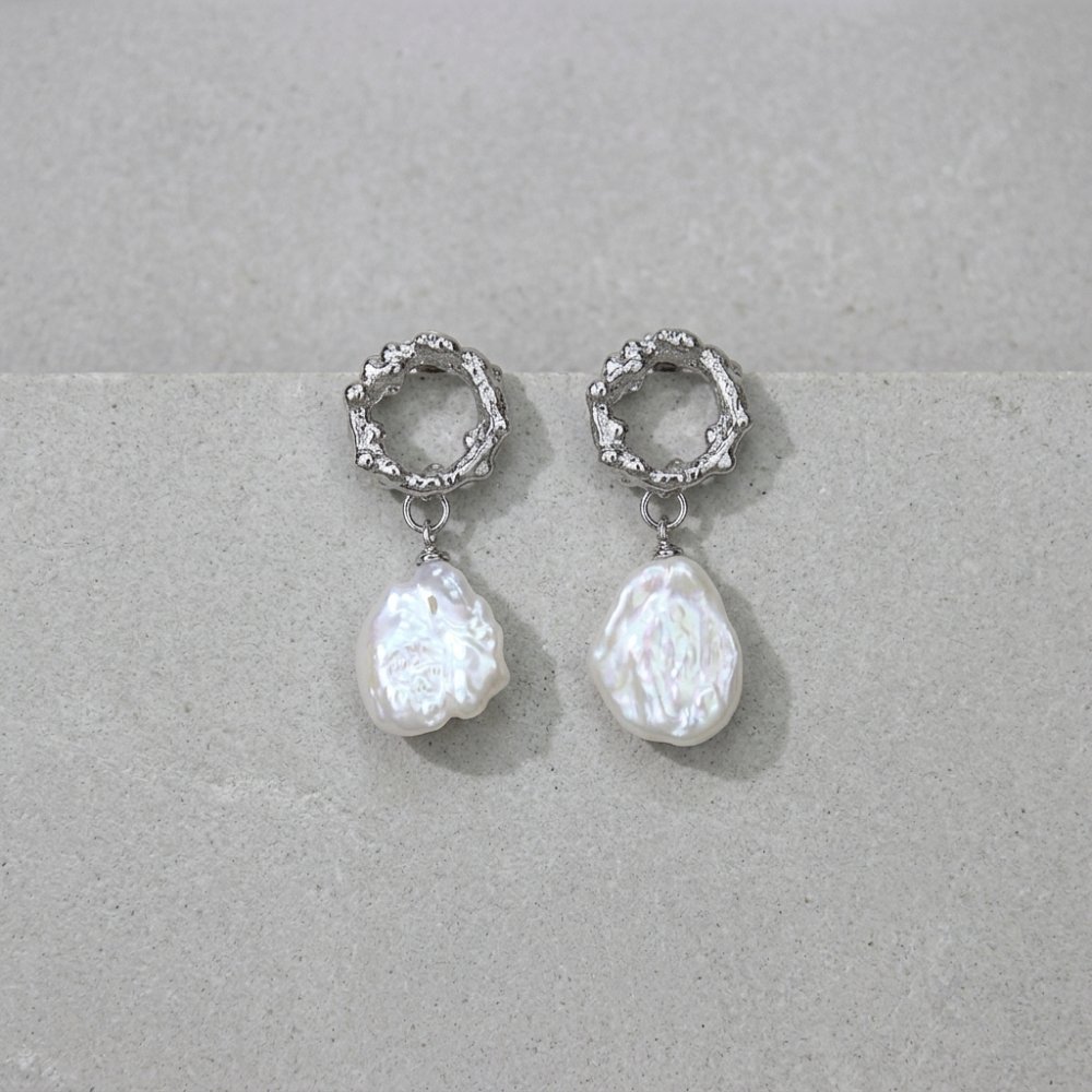 Earrings Textured Silver Hoop Baroque Pearl Drop Earrings