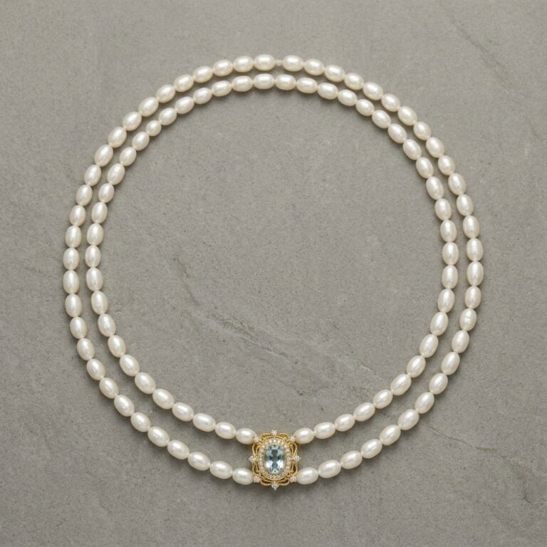 Necklaces Double-layer Rice Pearl Pendant Necklace with Main Blue Topaz Stone