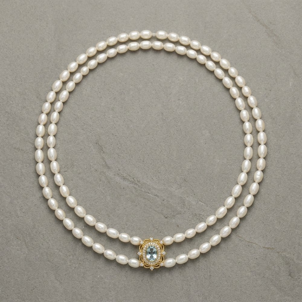 Necklaces Double-layer Rice Pearl Pendant Necklace with Main Blue Topaz Stone