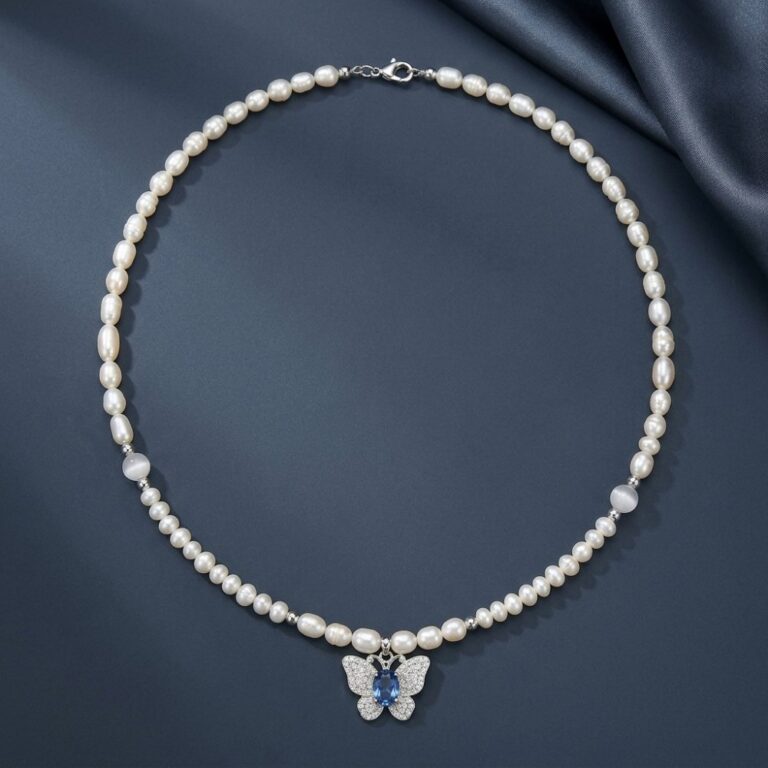 Necklaces Butterfly Pendant with Freshwater Seed Pearls, Cat's Eye Stones and Main Aquamarine Stones