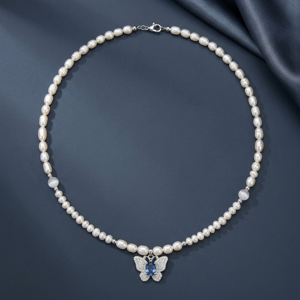 Necklaces Butterfly Pendant with Freshwater Seed Pearls, Cat's Eye Stones and Main Aquamarine Stones